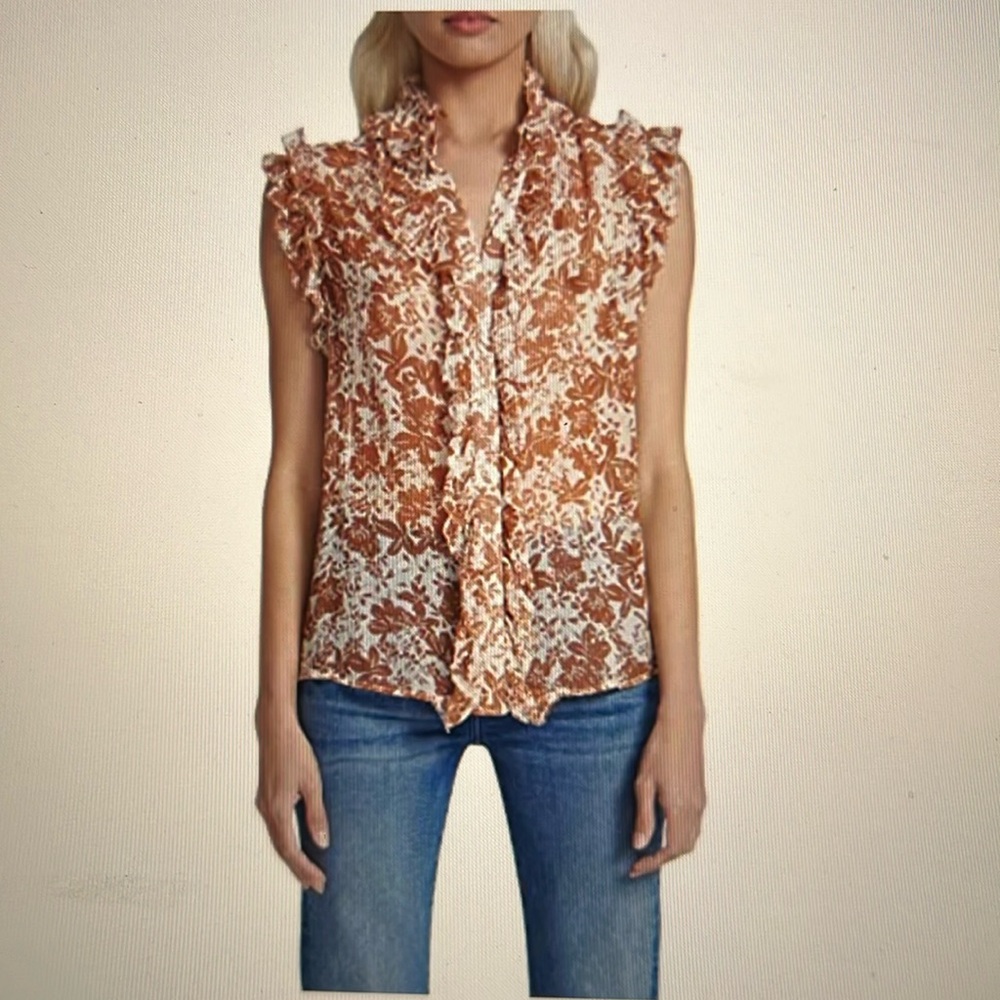7 For All Mankind Glazed Ginger Floral Silk Chiffon Ruffle Top